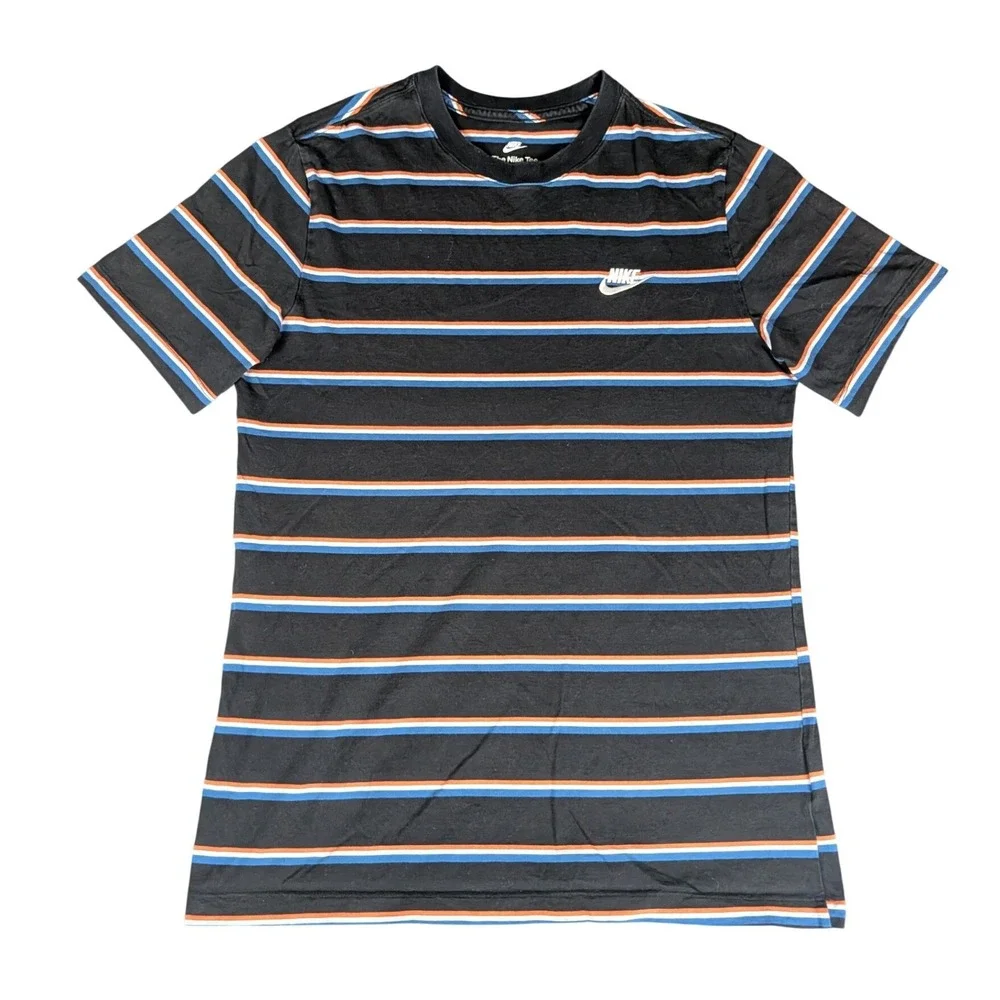 Nike Mens Striped Short‎ Sleeve Crewneck T-Shirt Black Blue Orange Swoosh Logo